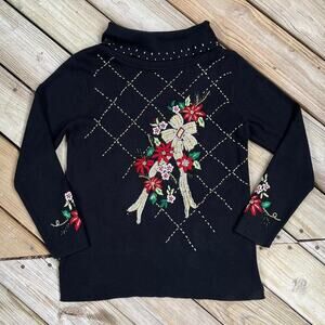 Kikit Women's Vintage Black Embroidered Holiday Sweater Size M